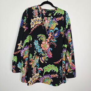 Lauren Ralph Lauren Blouse Womens 3X Black Floral Paisley Split Neck Tunic Chic